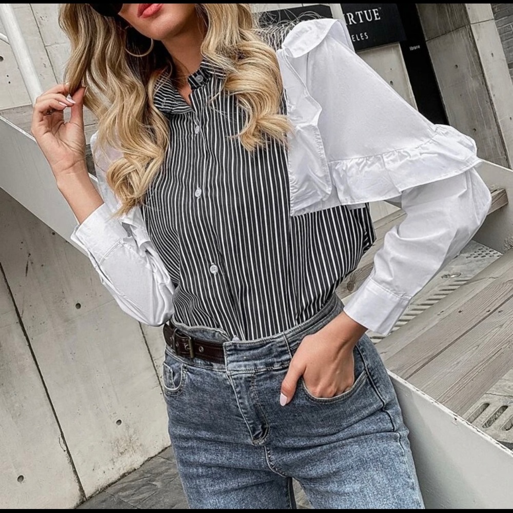 Stripe Ruffle trim button through blouse - Picture 2 of 4